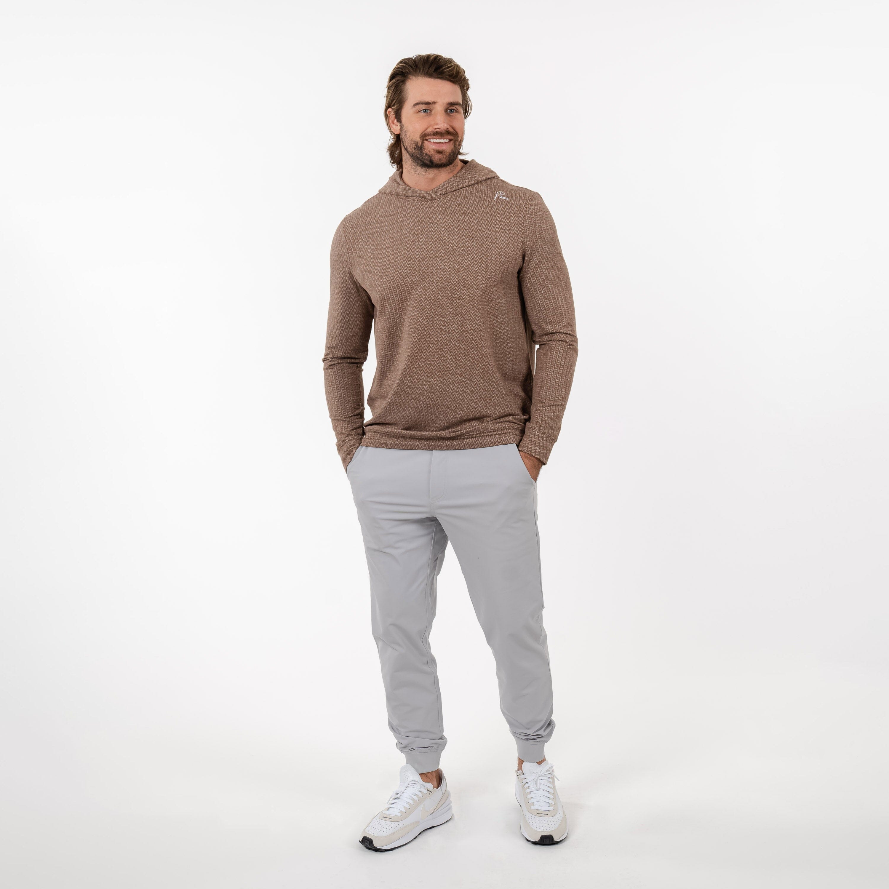 Rhoback Hoodie - Hesi Performance Hoodie | Herringbone Jacquard - Saddle Brown/White