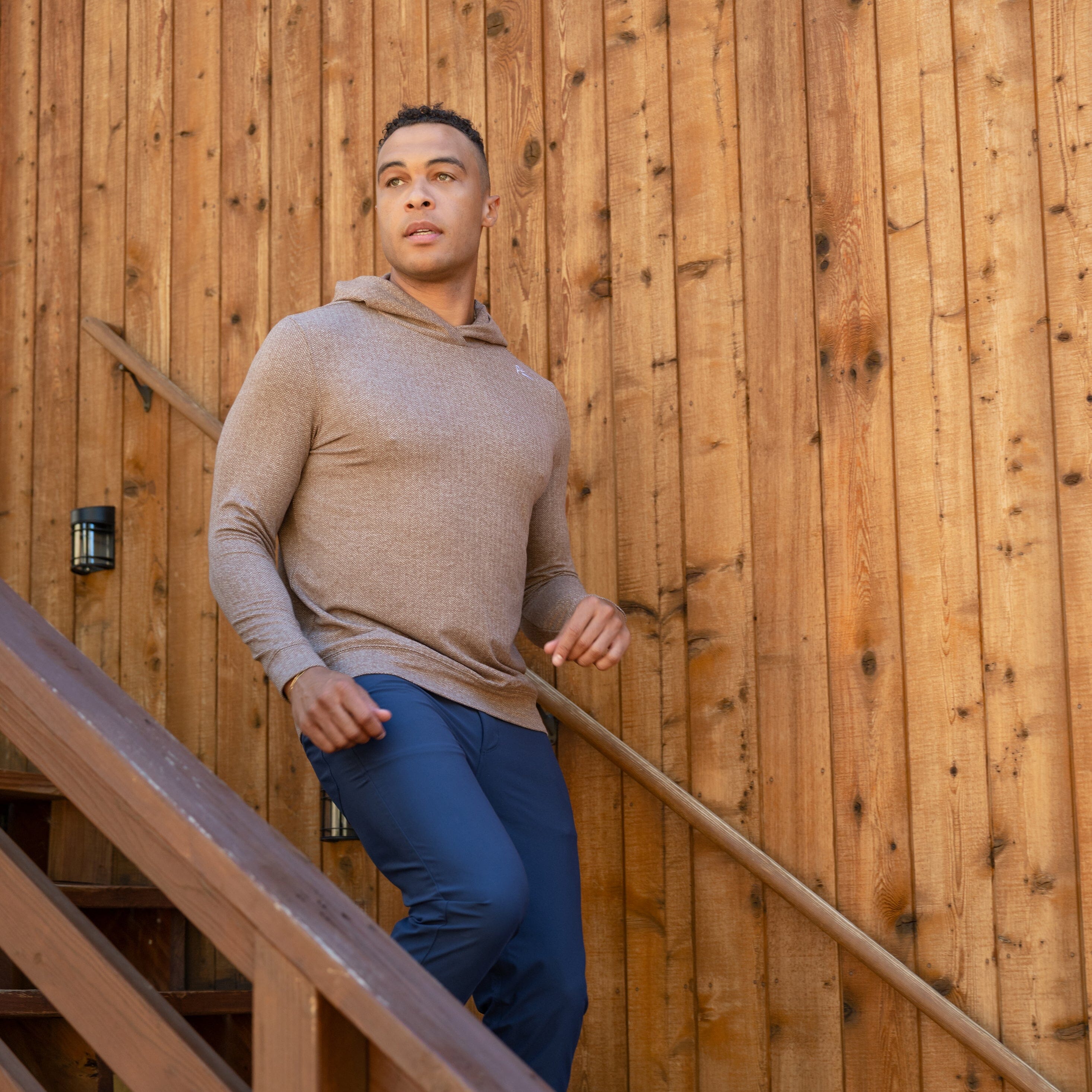 Rhoback Hoodie - Hesi Performance Hoodie | Herringbone Jacquard - Saddle Brown/White