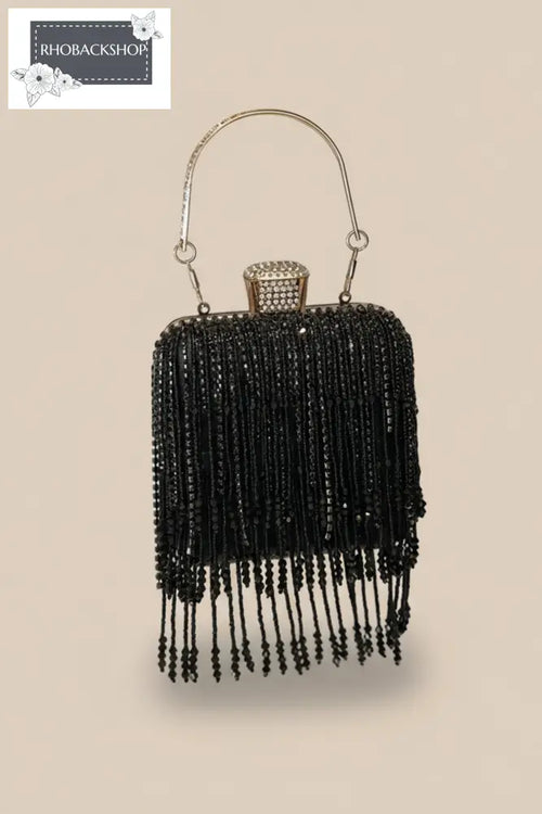 Beaded Fringe Clutch Bag - Black