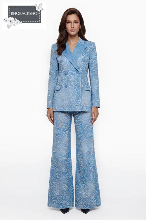 Blue Embroidered Jacket & Trouser Set