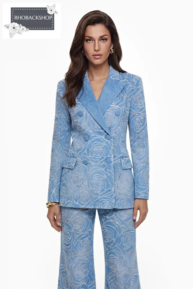 Blue Embroidered Jacket & Trouser Set