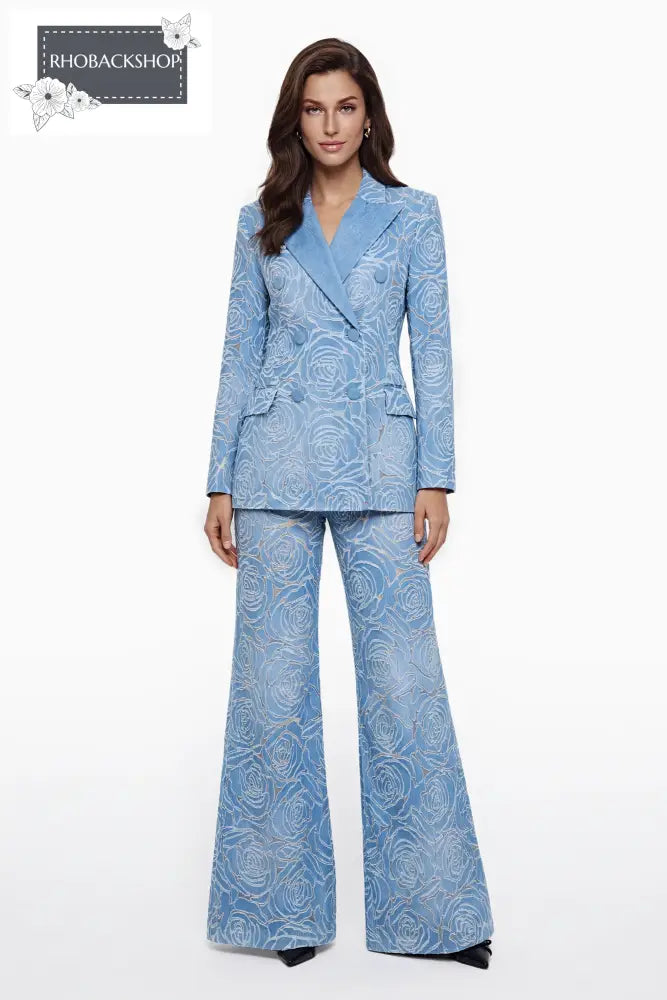 Blue Embroidered Jacket & Trouser Set
