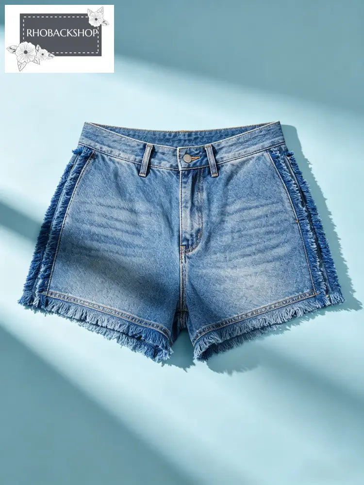 Blue Fringed Panel Denim Shorts