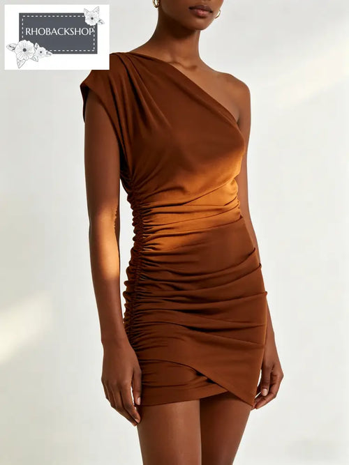 Brown Aymmetrical Ruched Mini Dress