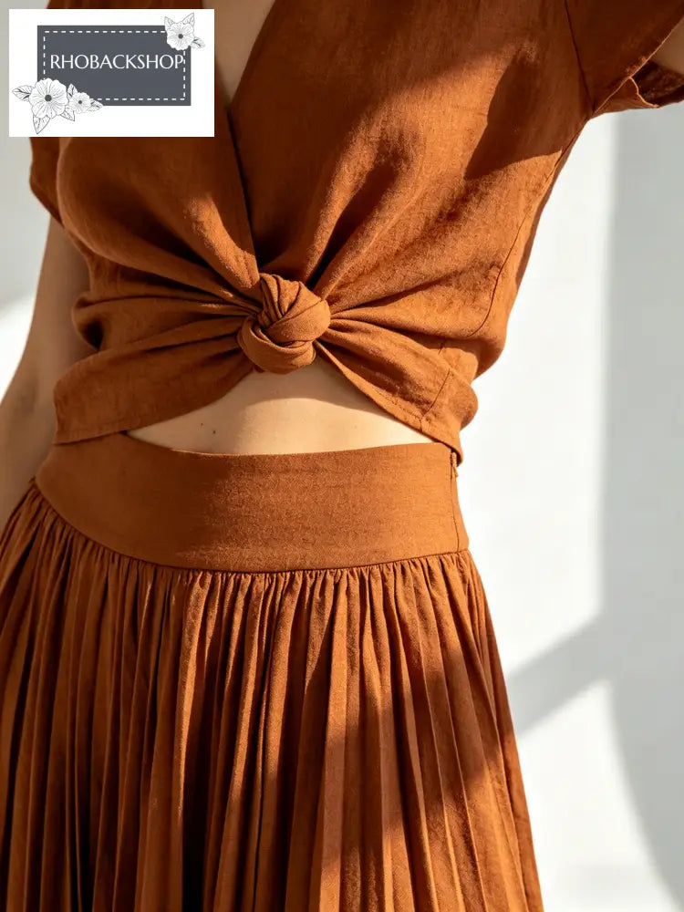 Brown Twist Knot Top & Ruched Skirt Set