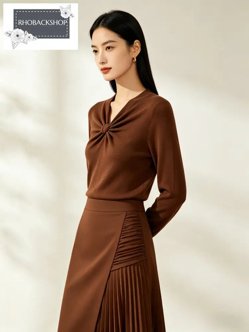 Brown Twist Knot Top & Ruched Skirt Set