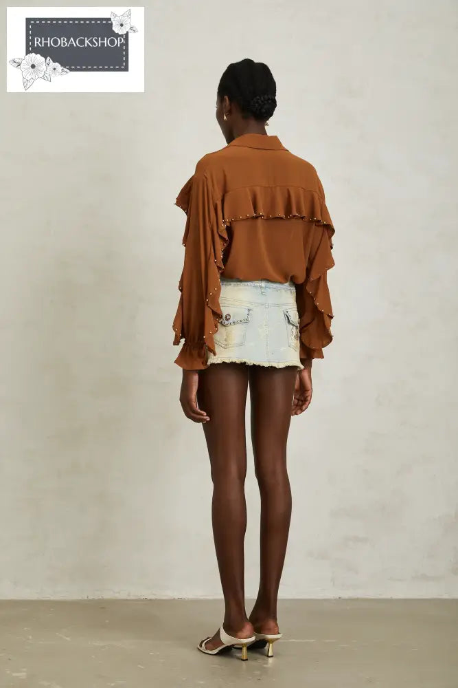 Caramel Beaded Ruffled Chiffon Blouse