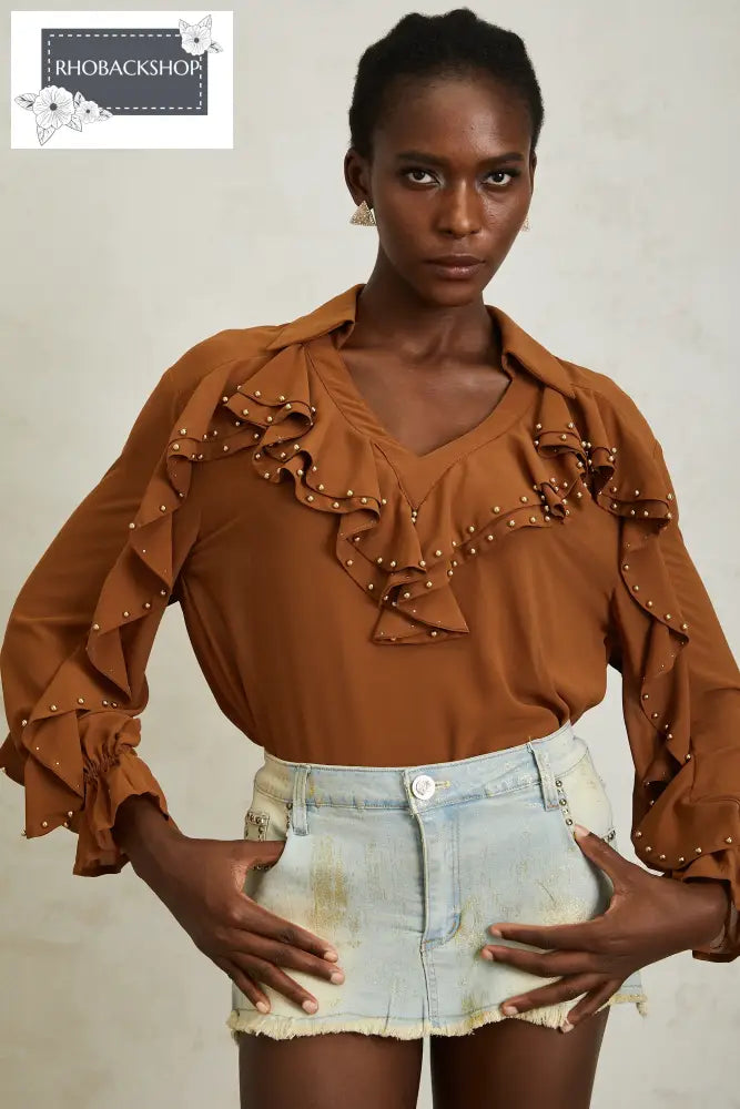 Caramel Beaded Ruffled Chiffon Blouse