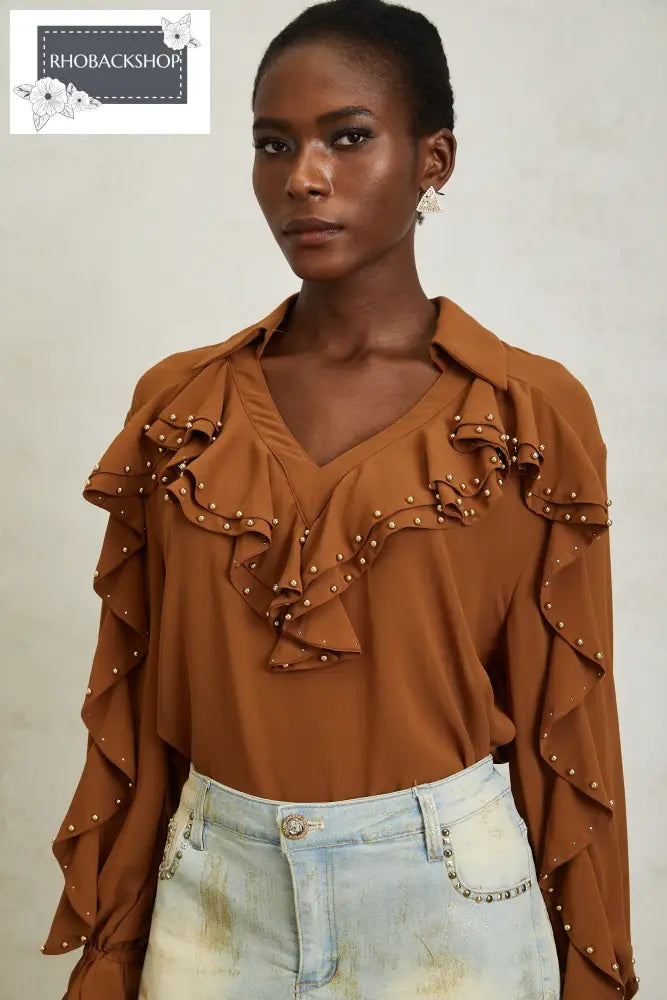 Caramel Beaded Ruffled Chiffon Blouse