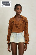 Caramel Beaded Ruffled Chiffon Blouse