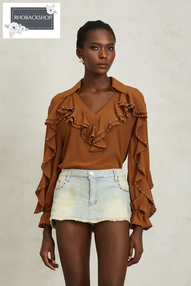 Caramel Beaded Ruffled Chiffon Blouse