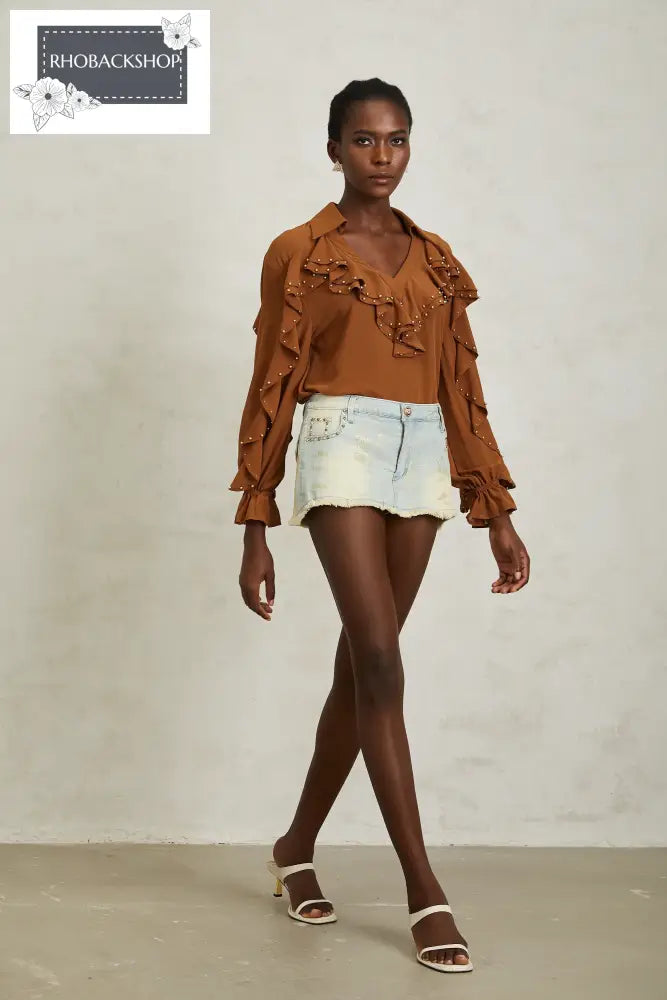 Caramel Beaded Ruffled Chiffon Blouse