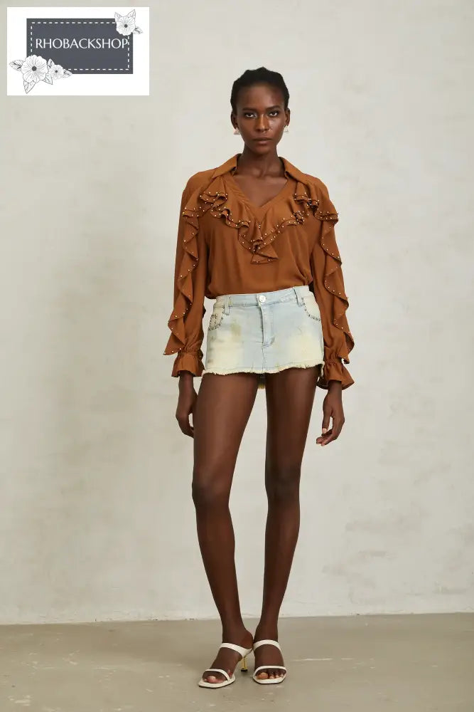 Caramel Beaded Ruffled Chiffon Blouse