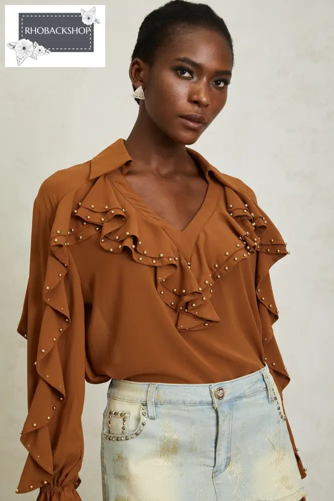Caramel Beaded Ruffled Chiffon Blouse