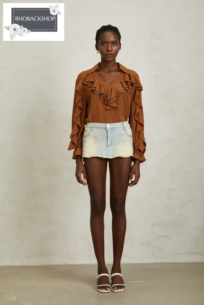 Caramel Beaded Ruffled Chiffon Blouse