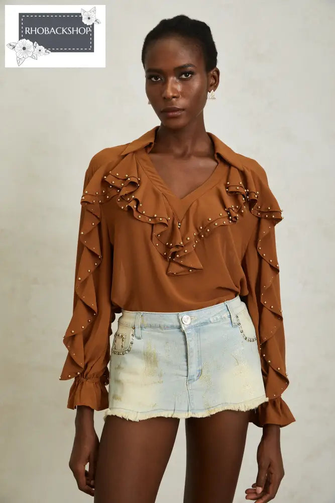 Caramel Beaded Ruffled Chiffon Blouse