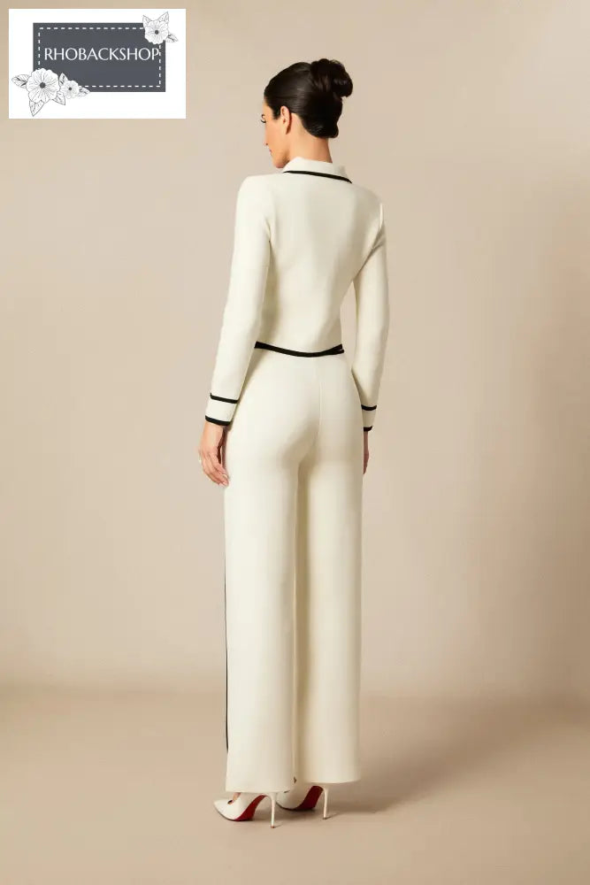Contrast Trim Cropped Jacket & Straight Leg Pants Set
