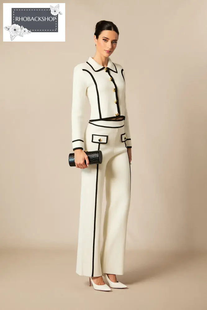 Contrast Trim Cropped Jacket & Straight Leg Pants Set