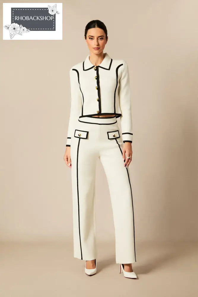 Contrast Trim Cropped Jacket & Straight Leg Pants Set