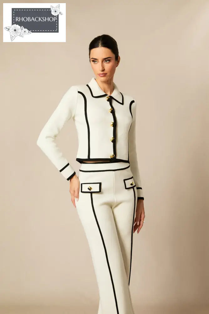Contrast Trim Cropped Jacket & Straight Leg Pants Set