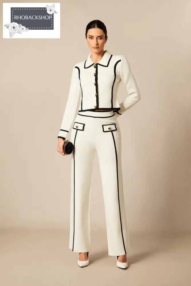 Contrast Trim Cropped Jacket & Straight Leg Pants Set - White / S