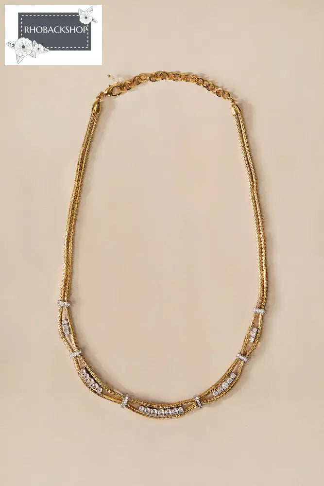 Crystal Embellished Multi Strand Chain Necklace - Gold
