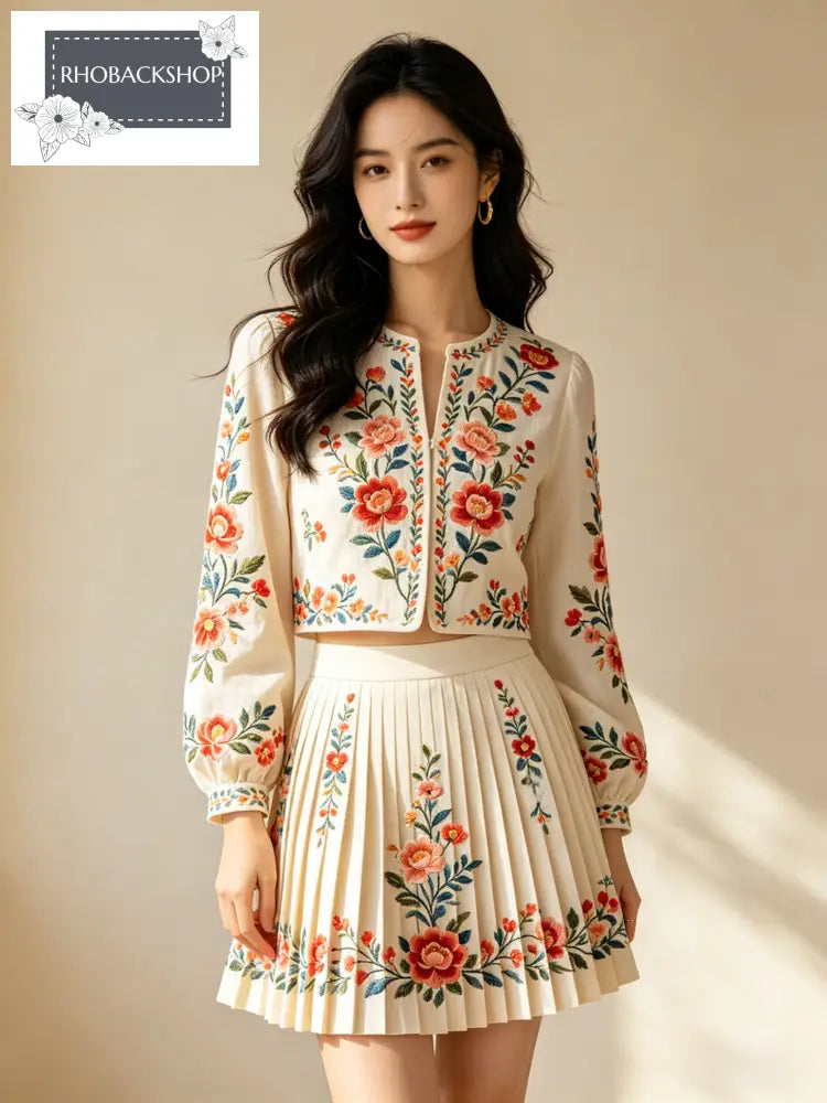 Embroidery Pleated Skirt Set