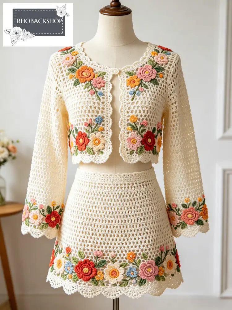 Floral Applique Crochet Skirt Set - White / One Size