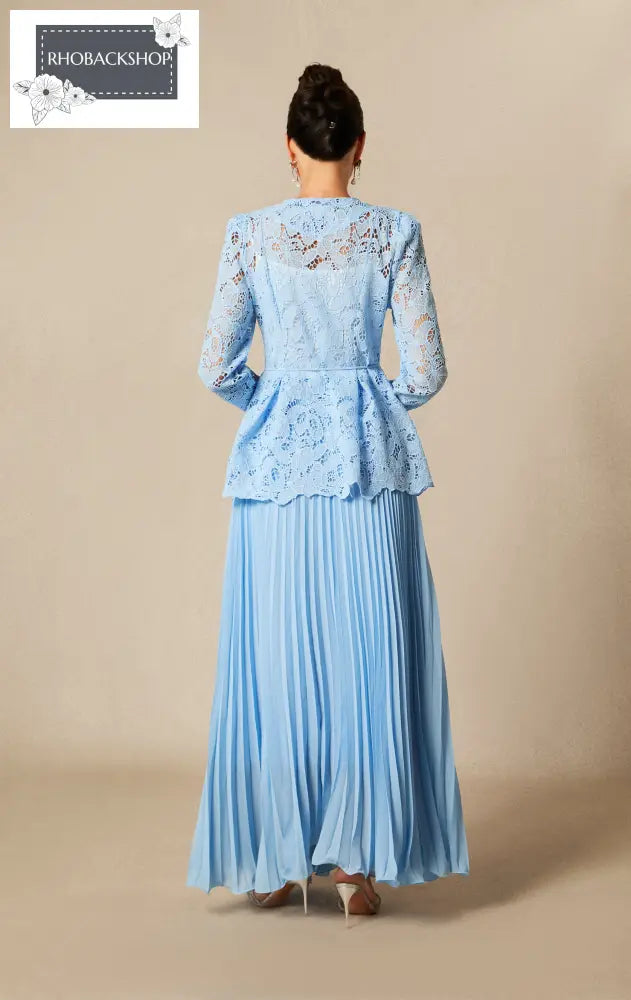Floral Embroidered Lace Top & Pleated Maxi Skirt Set
