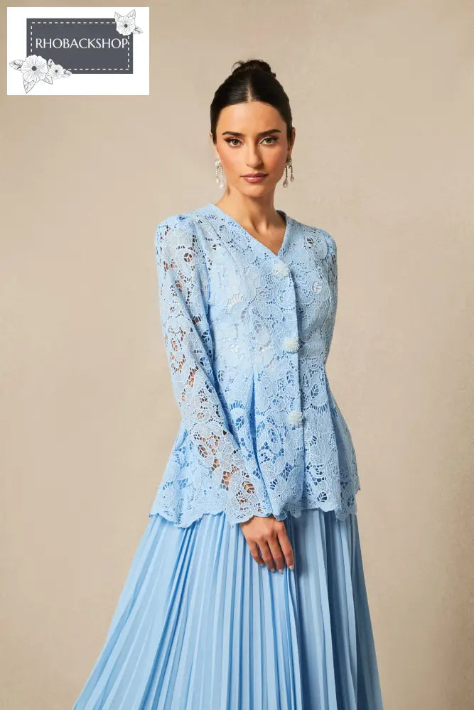 Floral Embroidered Lace Top & Pleated Maxi Skirt Set