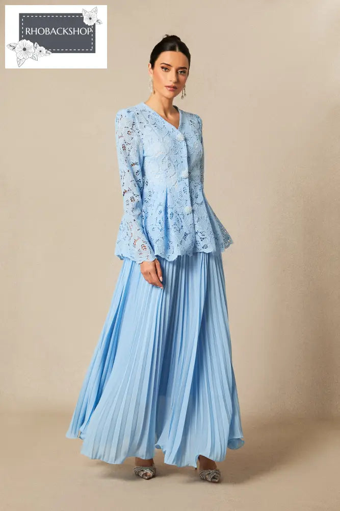 Floral Embroidered Lace Top & Pleated Maxi Skirt Set - Blue / L