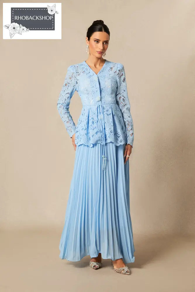 Floral Embroidered Lace Top & Pleated Maxi Skirt Set - Blue / M
