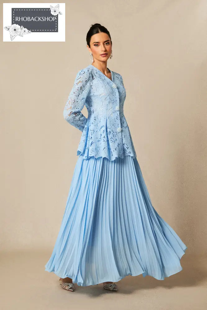Floral Embroidered Lace Top & Pleated Maxi Skirt Set - Blue / XL