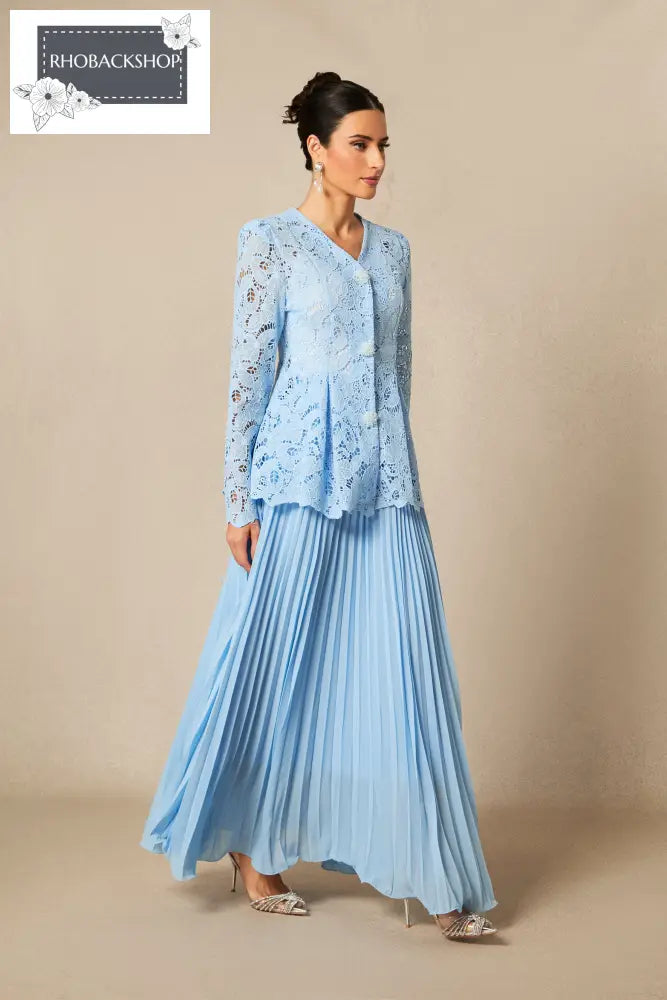 Floral Embroidered Lace Top & Pleated Maxi Skirt Set - Blue / XXL