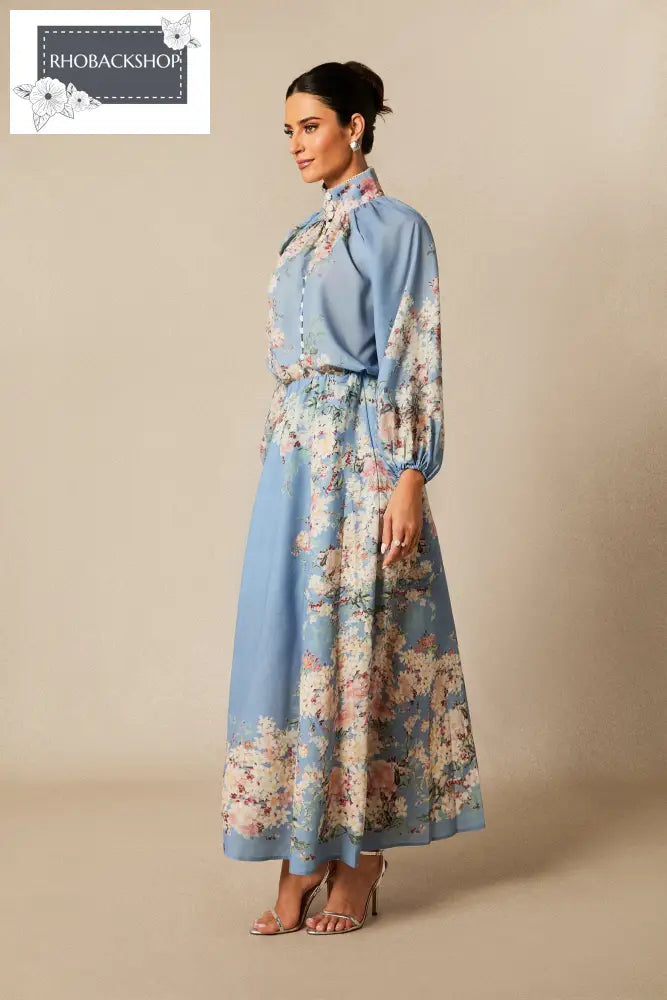 Floral Print Lantern Sleeve Blouse & Maxi Skirt Set - Blue / L