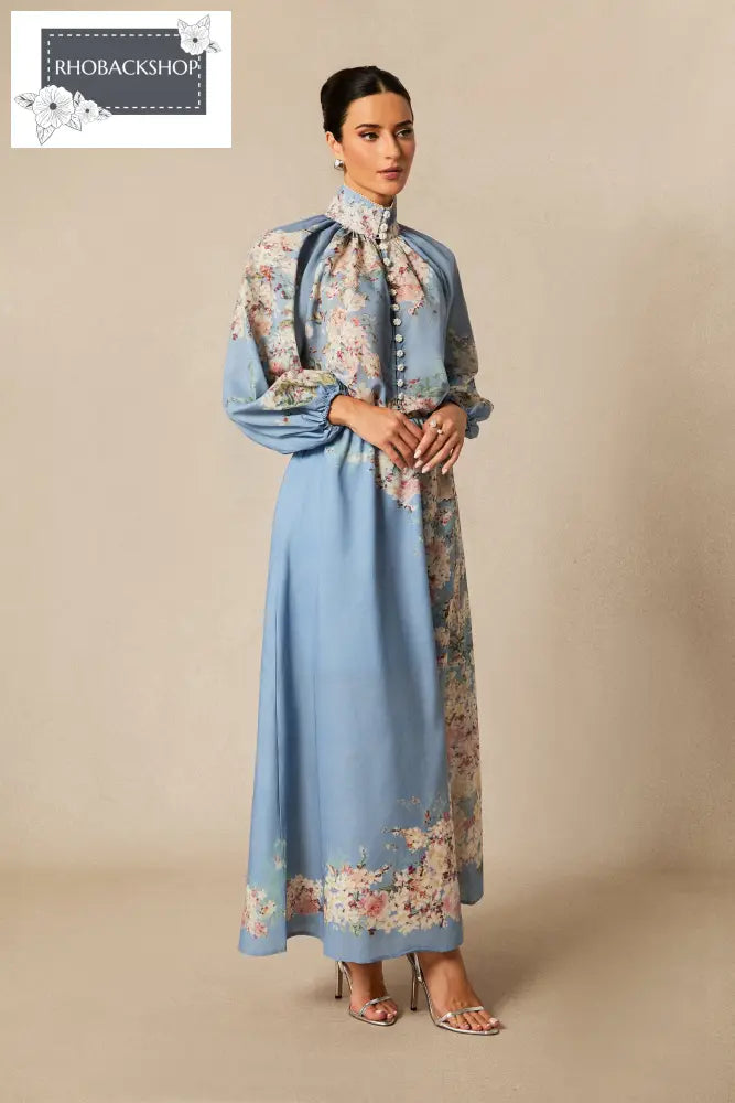 Floral Print Lantern Sleeve Blouse & Maxi Skirt Set - Blue / M