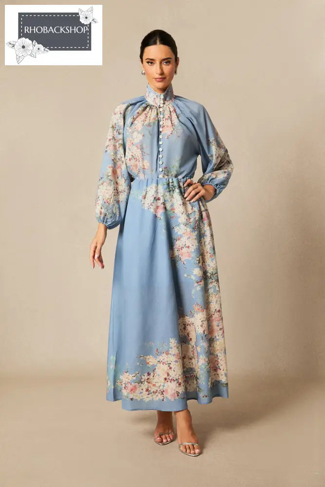 Floral Print Lantern Sleeve Blouse & Maxi Skirt Set - Blue / S