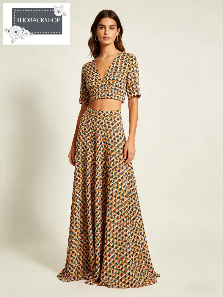 Geometric Print V-neck Crop Top & Maxi Skirt Set