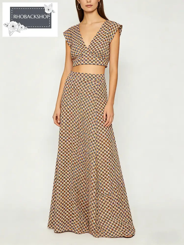 Geometric Print V-neck Crop Top & Maxi Skirt Set