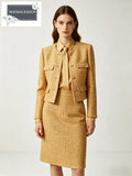 Gold Tweed Jacket & Sef-Tie Shirt & Skirt Set - S / Gold1