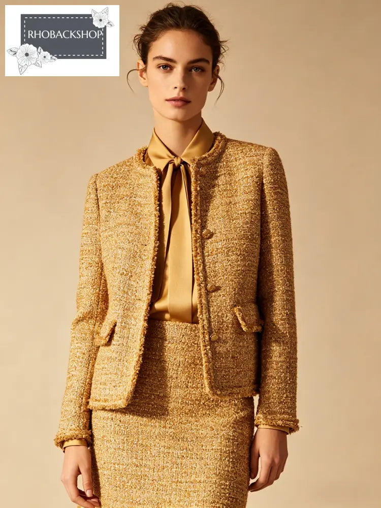 Gold Tweed Jacket & Sef-Tie Shirt & Skirt Set - S / Gold2