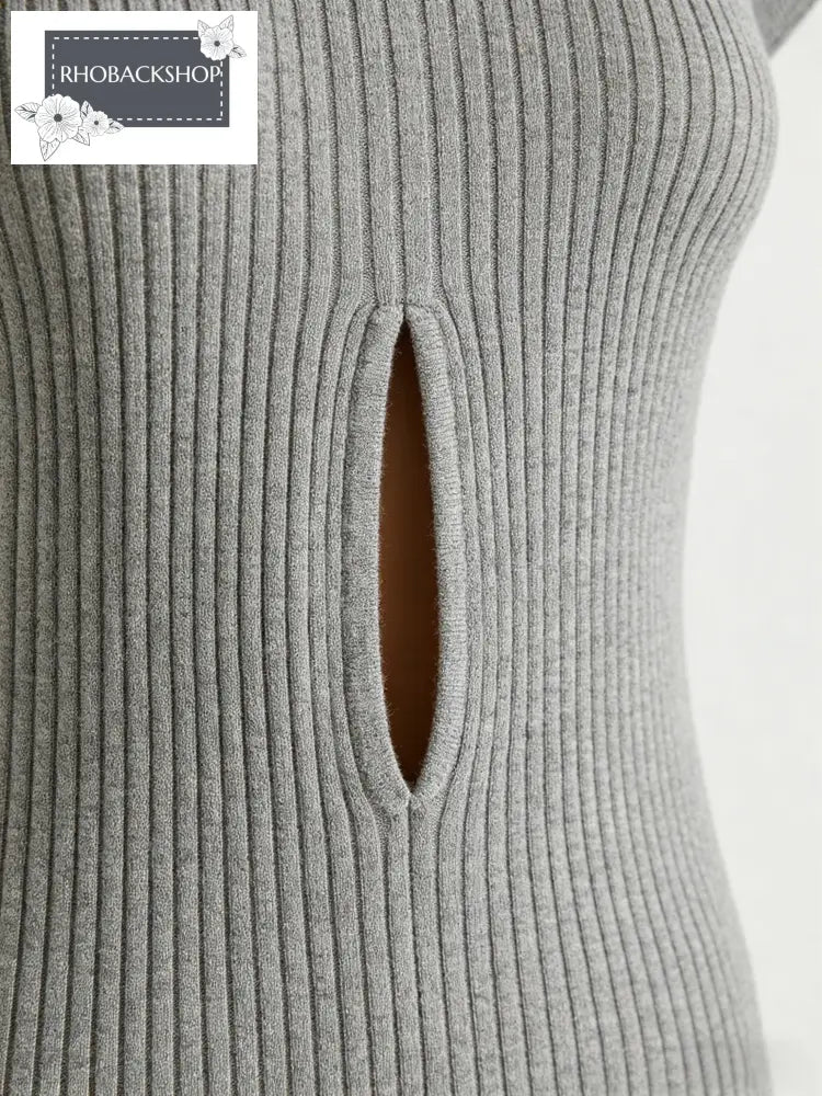 Grey Slit Striped Ribbed Knit Top