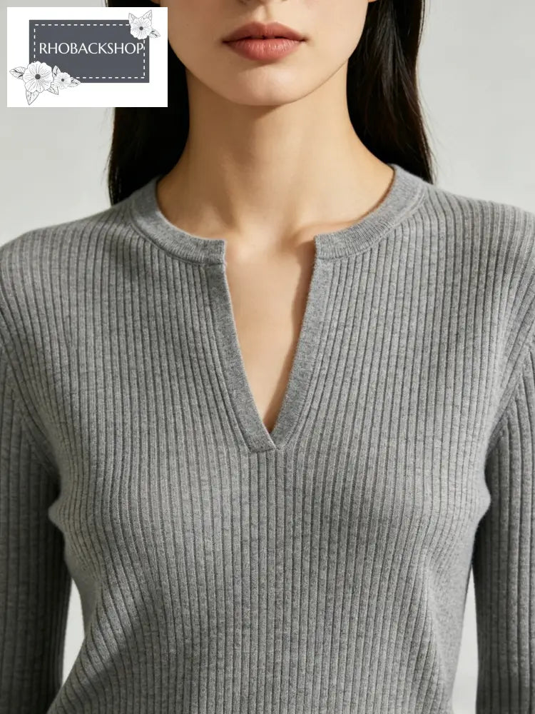 Grey Slit Striped Ribbed Knit Top