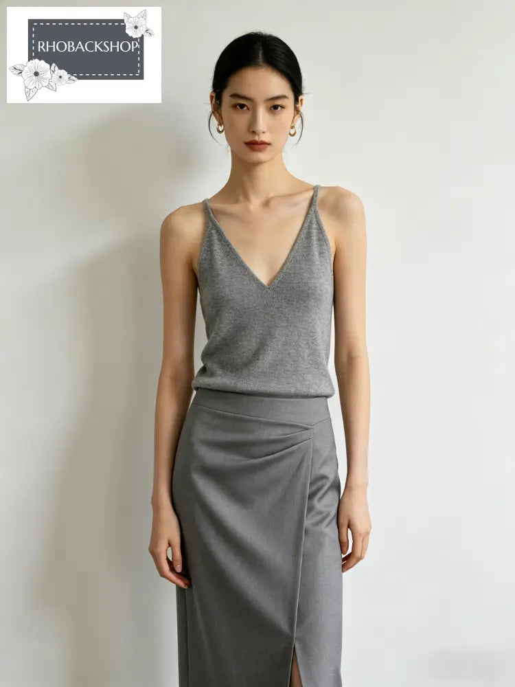 Grey Triangle Collar Top & Skirt Matching Set - S / Short-sleeved