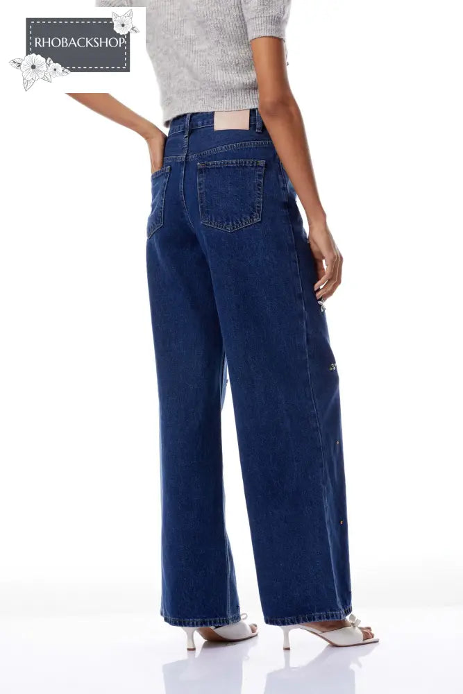 Indigo Blue Crystal Floral Jeans