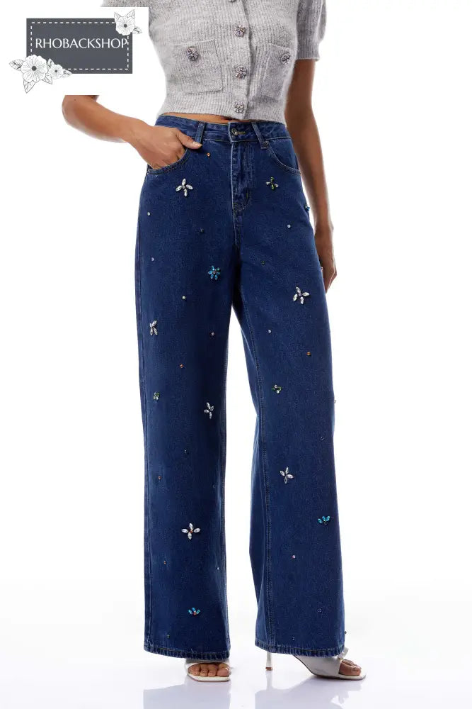 Indigo Blue Crystal Floral Jeans