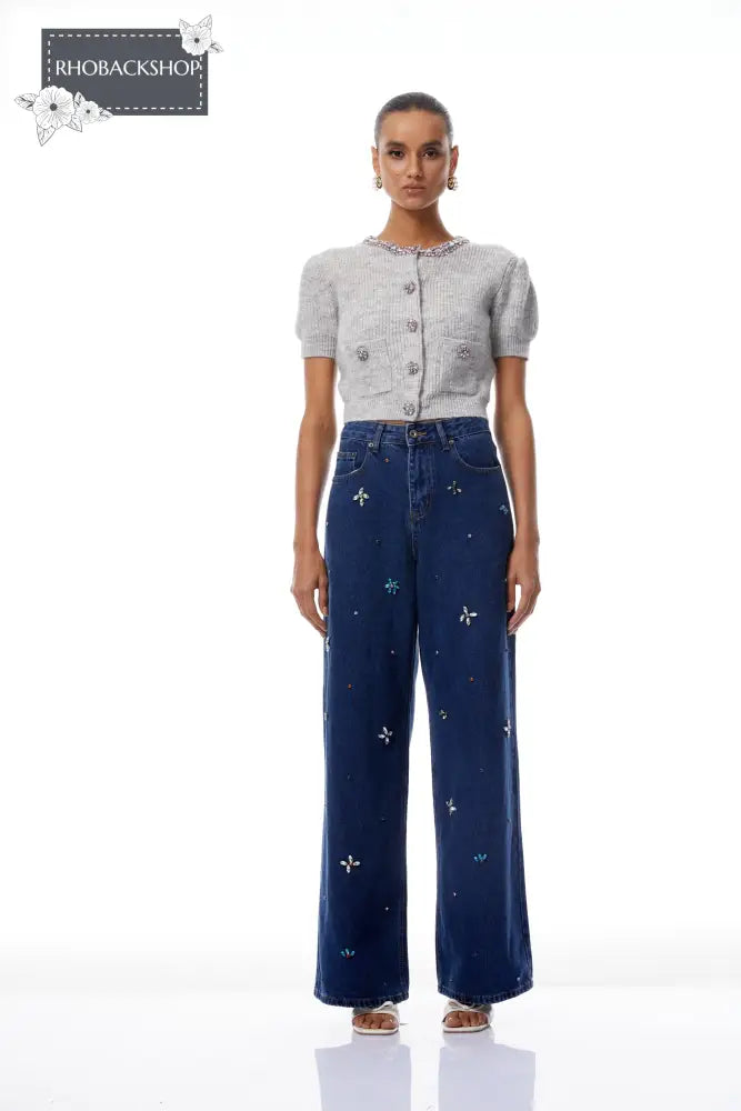 Indigo Blue Crystal Floral Jeans