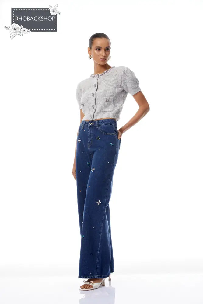 Indigo Blue Crystal Floral Jeans