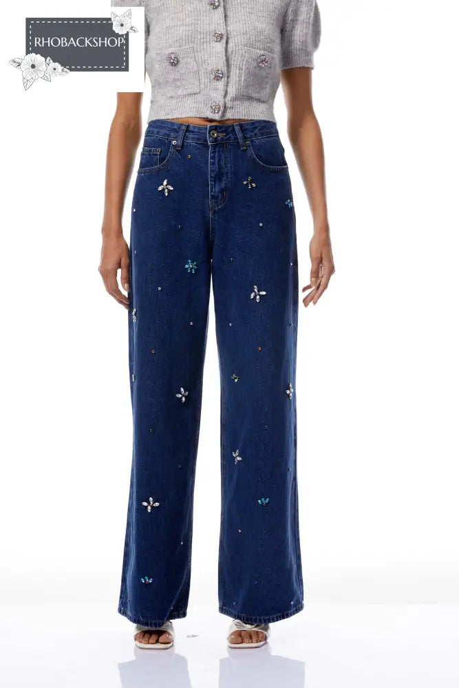 Indigo Blue Crystal Floral Jeans