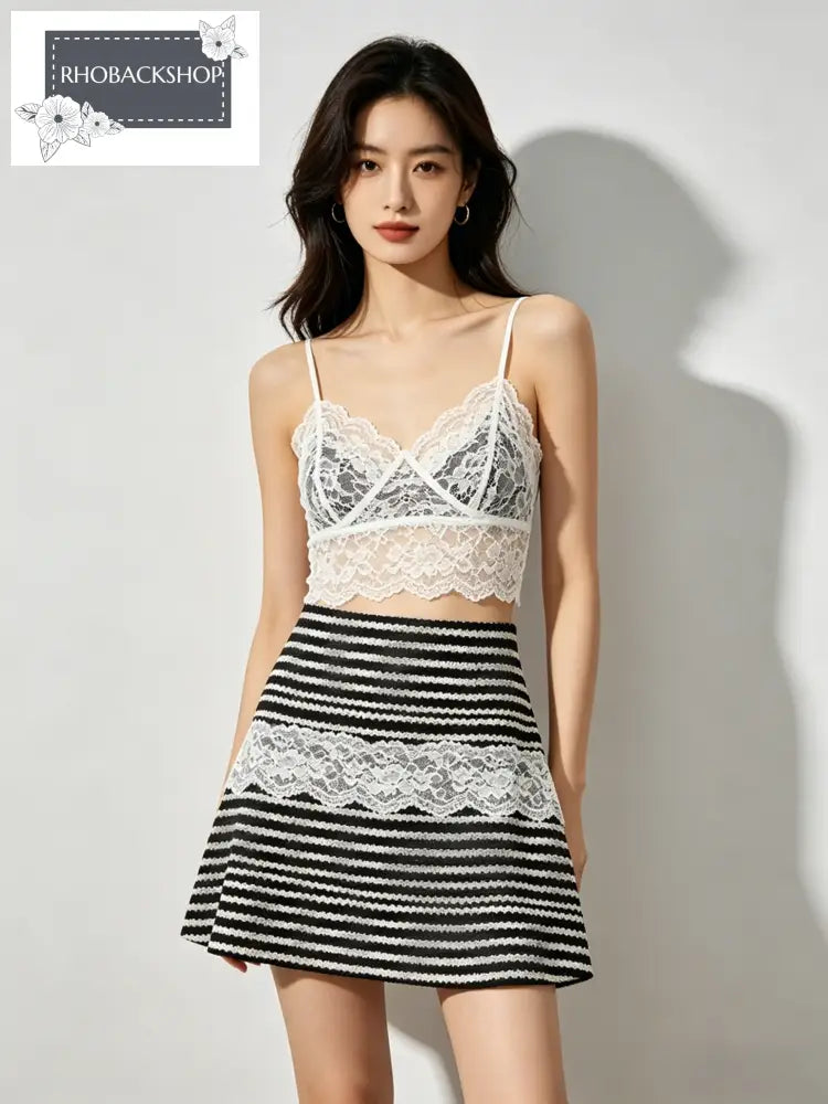 Lace Contrast Stripes Camisole & Skirt Set